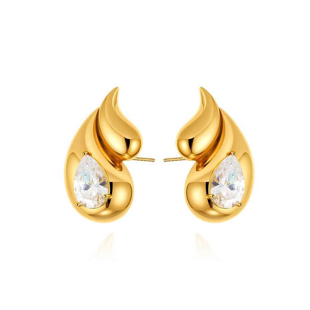 Italian designer style short and chubby womens double teardrop earrings CZ crystal water droplet gold-plated metal stud earrings Y250401