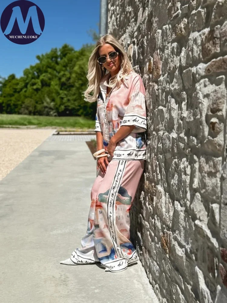 2 Pieces Set for Woman Summer Elegant Printed Half Sleeves Shirt Tops Suits Fashionable Casual Loose Wide Leg Pants Sets 251103