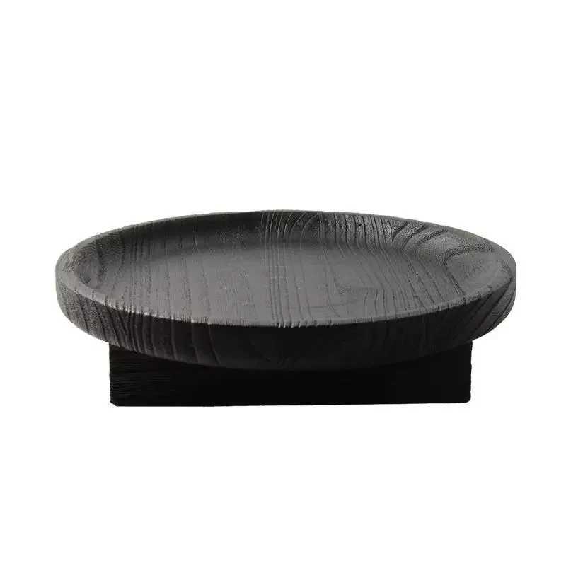 Retro Fruit Plate He Living Ro Coffee Table Teak Black Round Tray Solid Wood Small Wooden Plate Wooden Candlestick Plate Y251025
