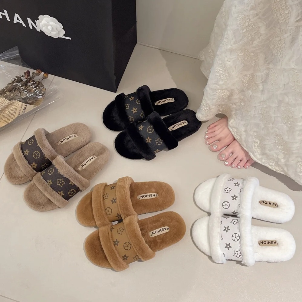 Designer Slippers Cross-border Autumn/Winter New Style Luxury Flip-flops Wool Slippers 2026 Home Patchwork Cotton Slippers Foreign Trade Women's Slippers