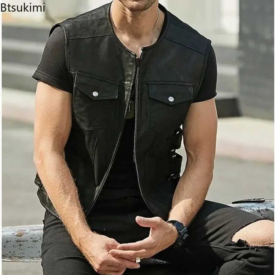 New Arrivals Fashion Mens PU Leather Motorcycle Vest Korean Style Trend Sleeveless O-neck Zip Vest Jacket Handsome Men Clothing X250403