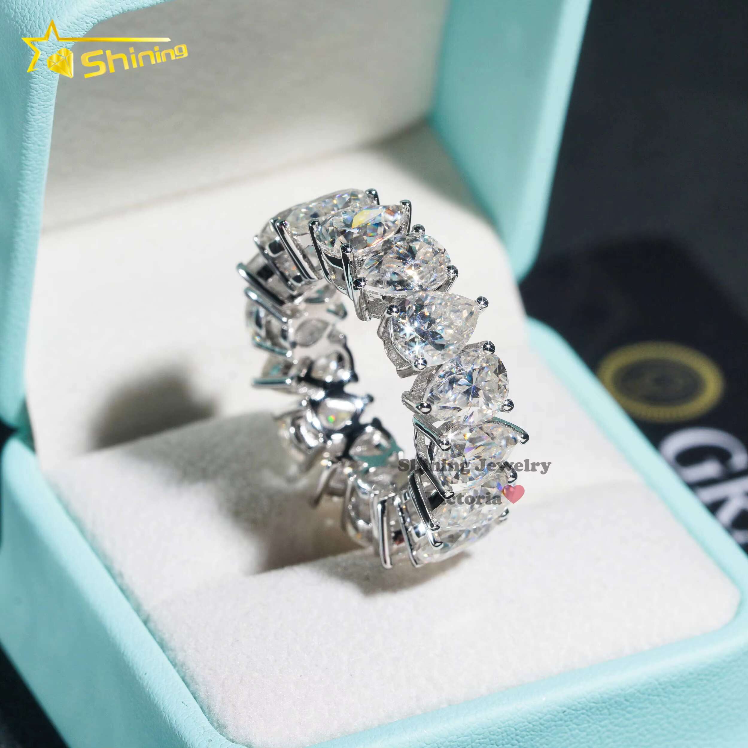 Shining Jewelry Lab Grown Diamond 925 Sterling Silver Gra Pass Diamond Tester Pear Cut Vvs Diamond Moissanite Wedding Band Ring