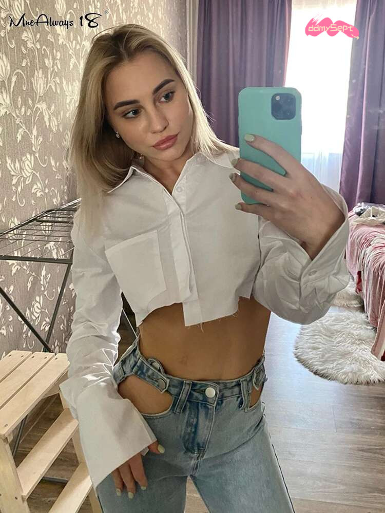 Mnealways18 Streetwear White Cropped Blouse Women Long Sleeve Cotton Shirt Turn Down Collar Spring Casual Tops Button Irregular ddmySept