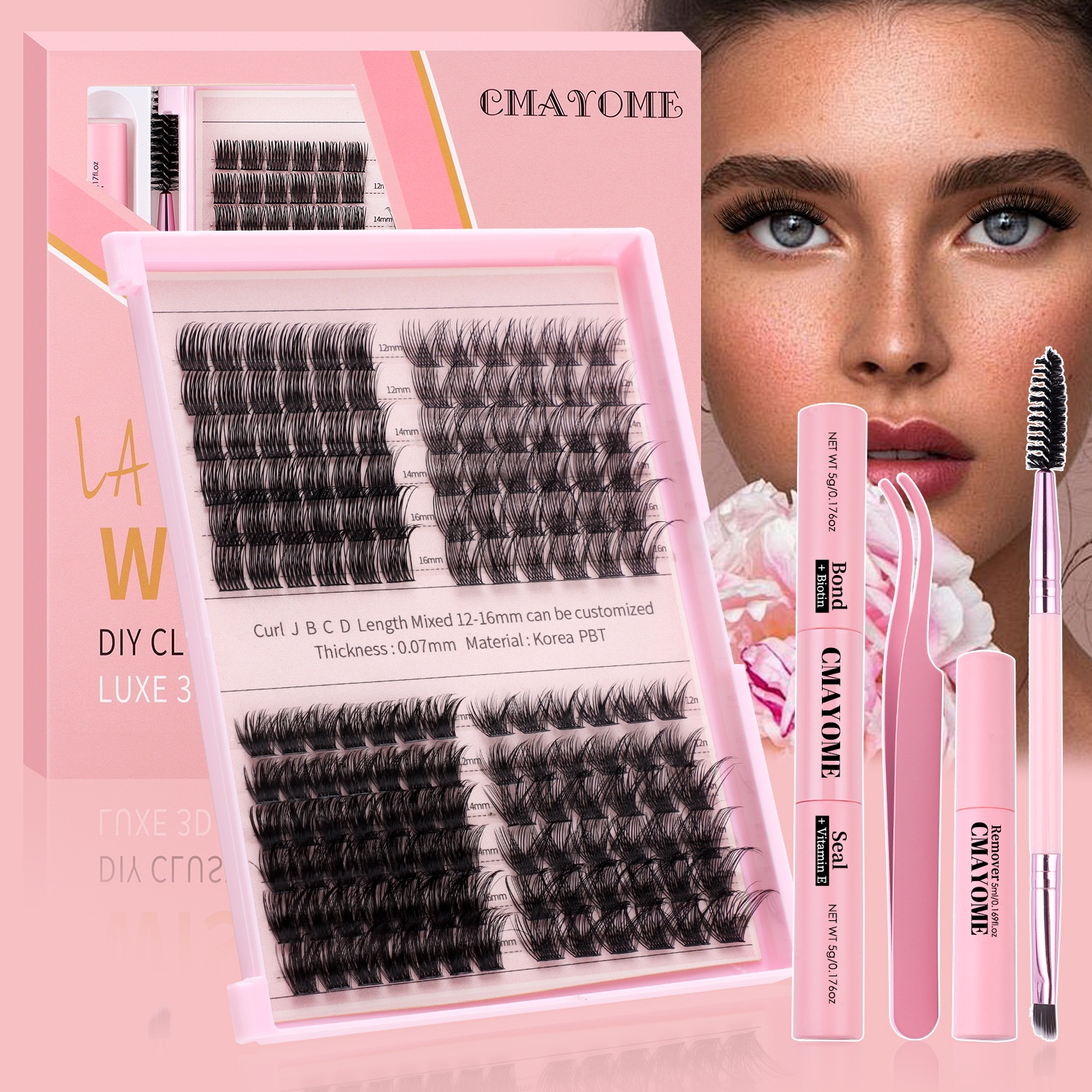 150Pcs DIY Lashes Kit Soft Lightweight Thick Fluffy Individual Eyelashes D Curled Handmade Reusable DIY Segmented Eyelash Extensions Accessory for Eye
