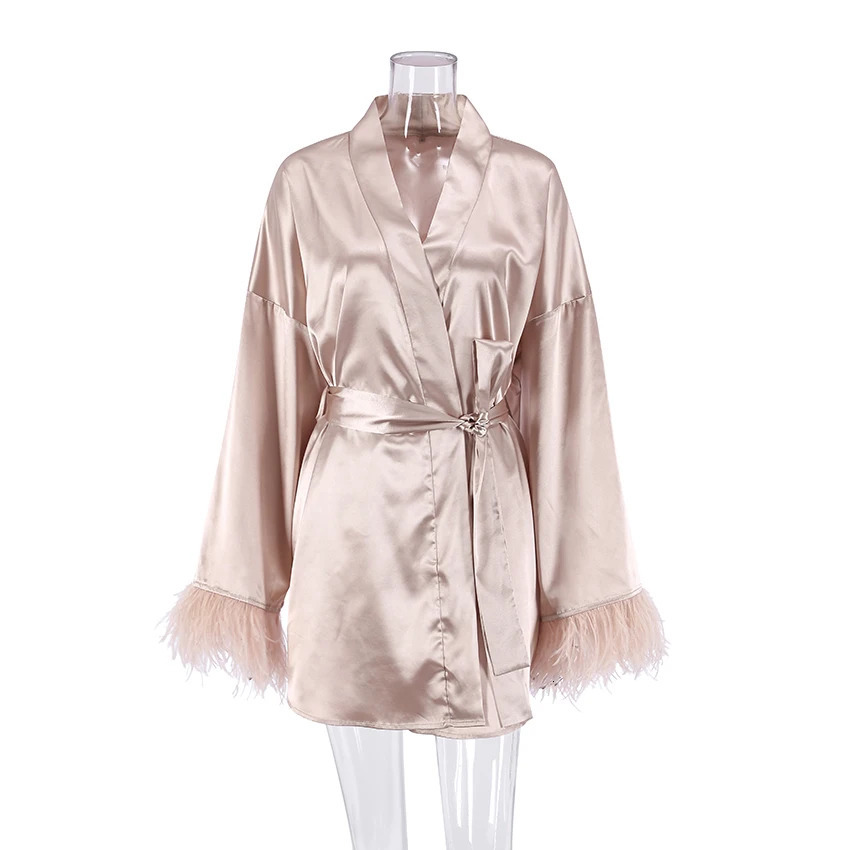 Feather Bathrobes Satin Sexy Mini Dress Long Sleeve Loose Peignoirs For Women Robe White Wedding Dress Black Bride Dresses 250402