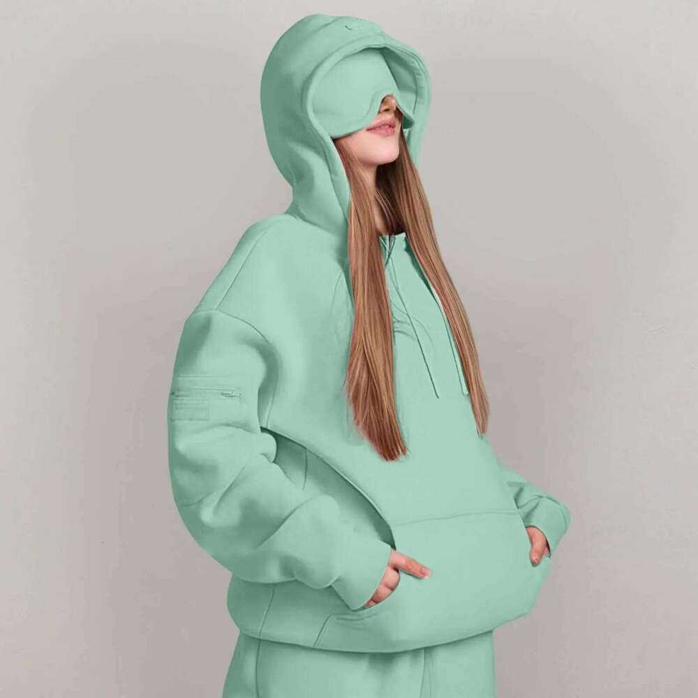 Women's Hooded Sweatshirt With Built-In Eye Mask,Pocket Long Sleeved Solid Color Sports Pullover,Autumn Casual Hoodie