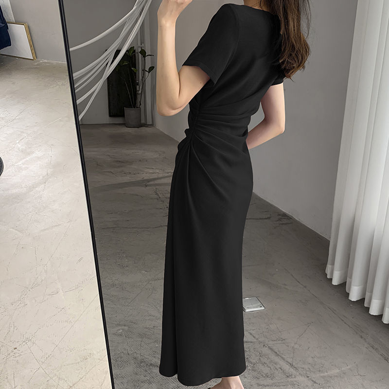 D211 Summer new hollow French temperament slim design waist Hepburn style long skirt summer niche