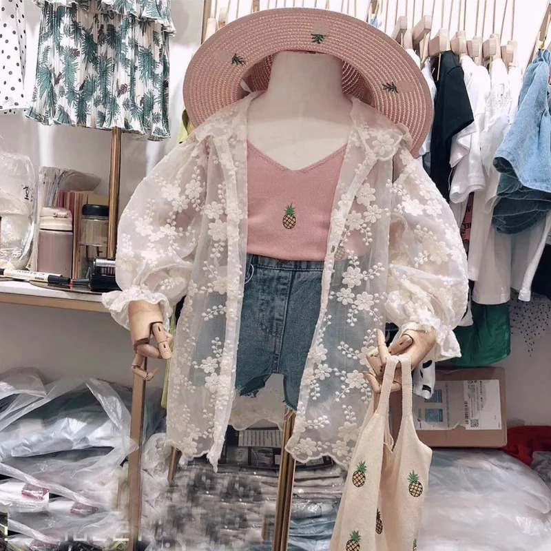 Summer Girl Lace Sun UV Protective Mosquito Net Long Preschool Open Collar Childrens Hoodie Princess Coat 250325z
