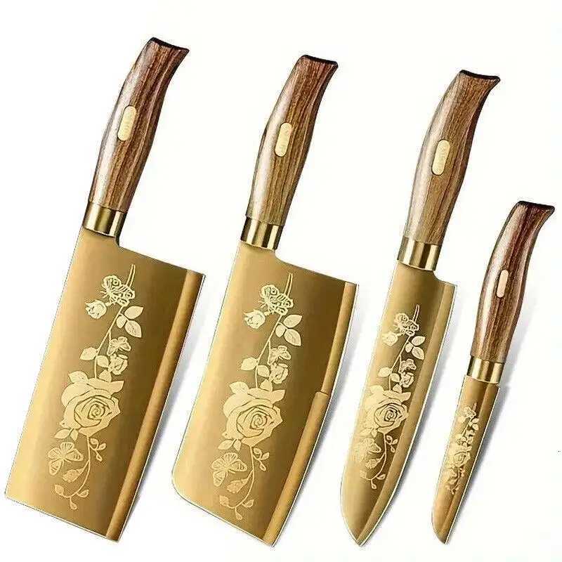 Kitchen knives 4Piece TitaniumCoated Kitchen Knife Set Sharp Durable Perfect for Cutting Meat and BonesCmercial kitchen and He Cooks Y251103