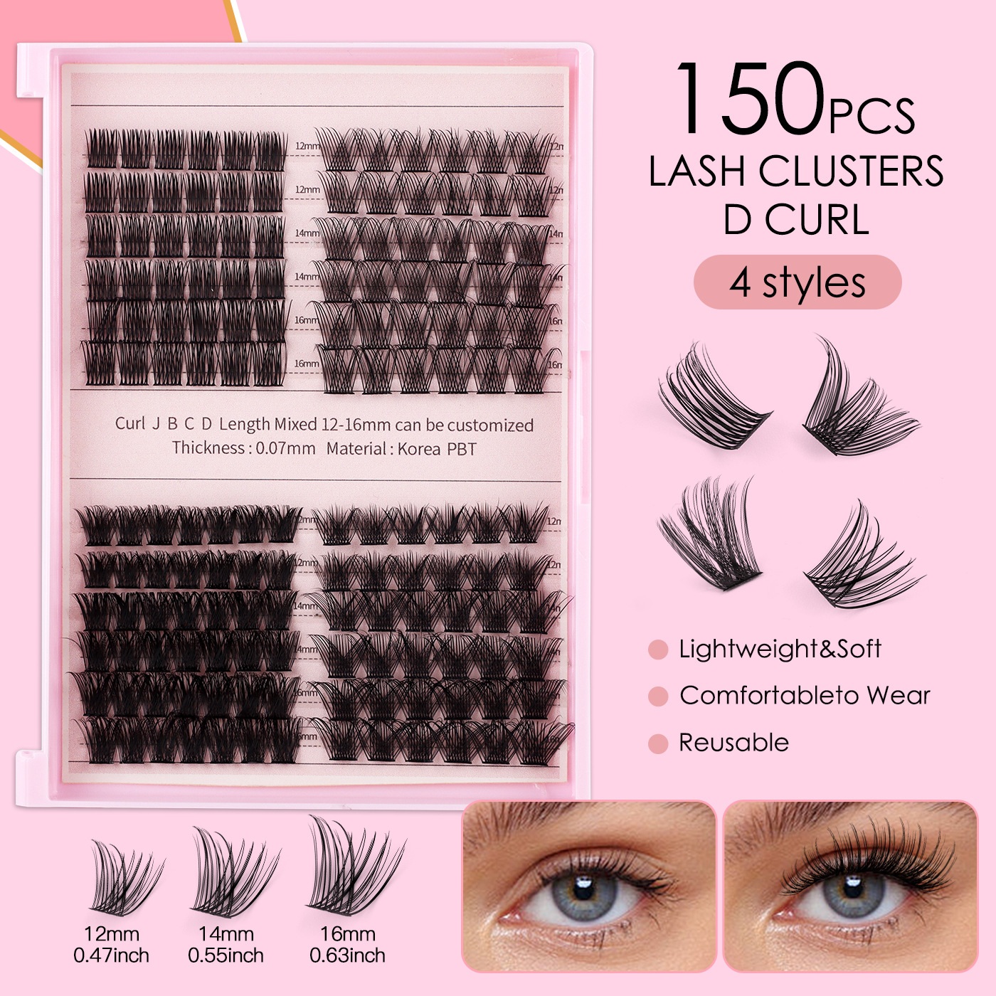 150Pcs DIY Lashes Kit Soft Lightweight Thick Fluffy Individual Eyelashes D Curled Handmade Reusable DIY Segmented Eyelash Extensions Accessory for Eye