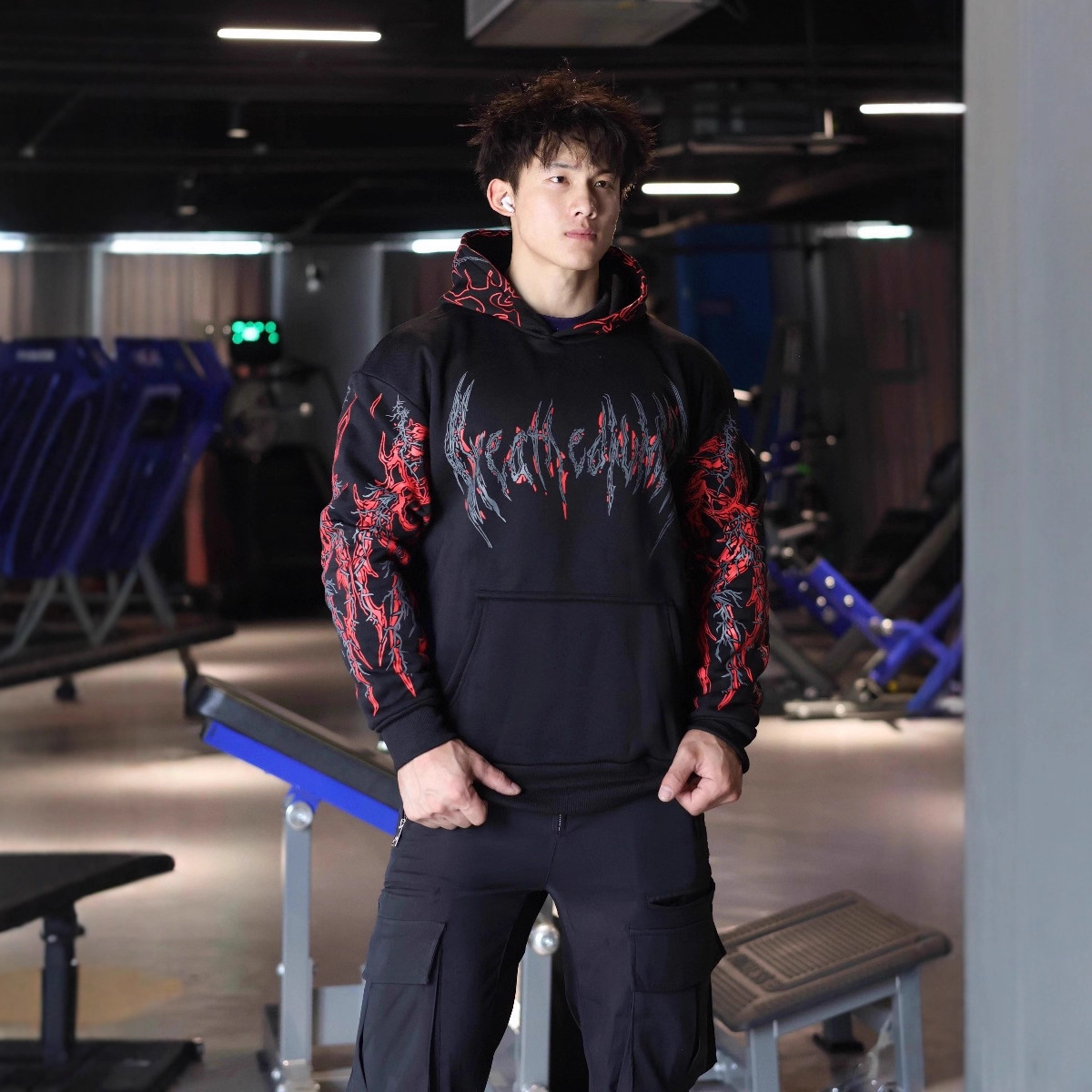 Designer Luxury Top, Casual Style, Dark Running Sports Men's Hooded Sweatshirt, Fitness Clothing, Fashionable Street Sweatshirt