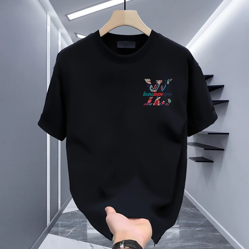 Summer new men's printed T-shirt Casual fashion short sleeve pure cotton trend round neck T-shirt men plus size black white