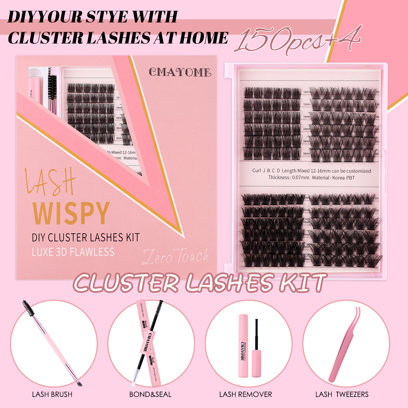 150Pcs DIY Lashes Kit Soft Lightweight Thick Fluffy Individual Eyelashes D Curled Handmade Reusable DIY Segmented Eyelash Extensions Accessory for Eye