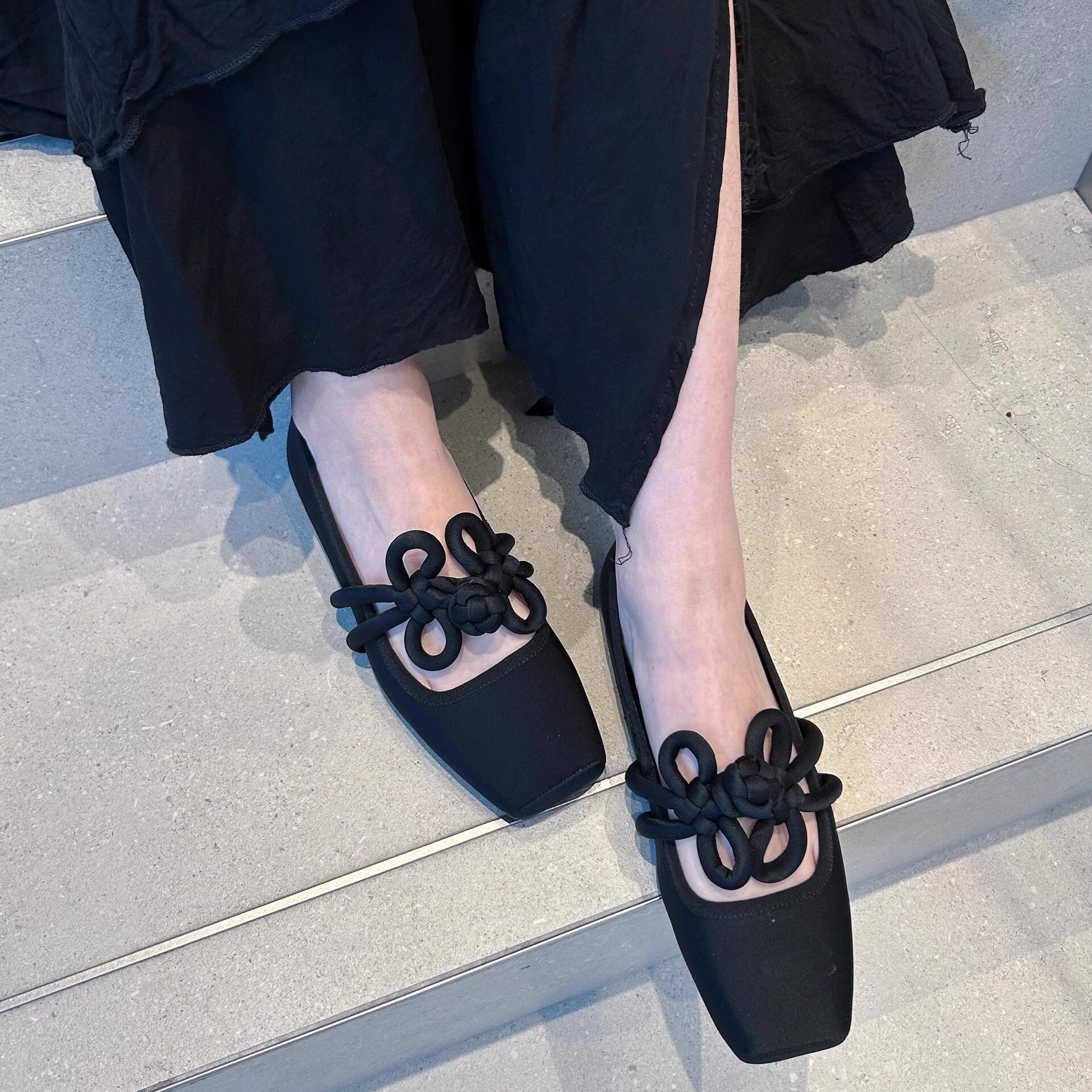 Sheepskin Edition Square Head Little Red Shoes New Chinese Retro Chinese Knot Flat Flat Single Shoes Women's Shallow Mouth Ballet Mary Jane Shoes