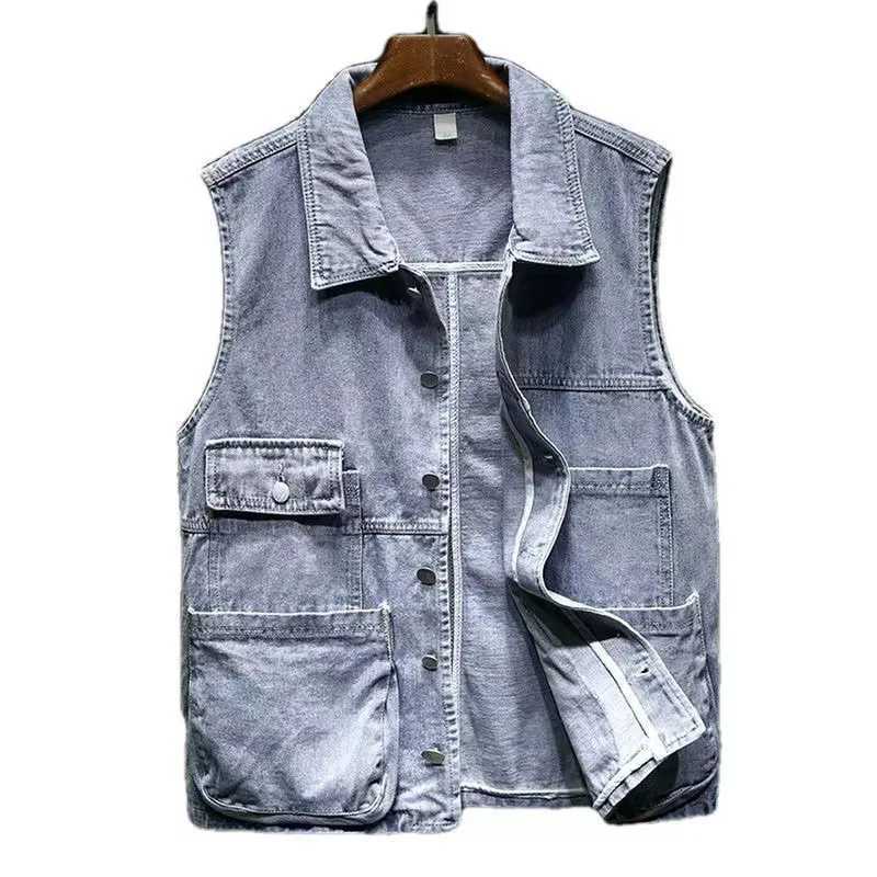 2023 Retro Denim Vest Men Sleeveless Cargo Jacket Harajuku Style Tooling Jean Jacket Cowboy Fashion Wasitcoat MenS Clothing XXL X250403
