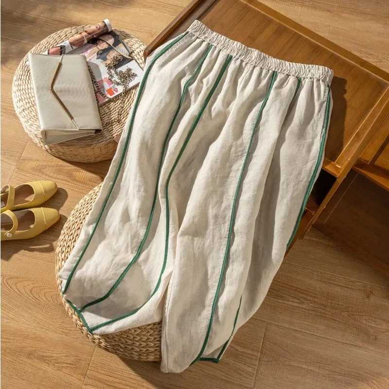 Bright Line Decoration Elastic High Waist Bloomers loose wide leg womens pants Korean fashion ankle length womens pants 2025XJ250403