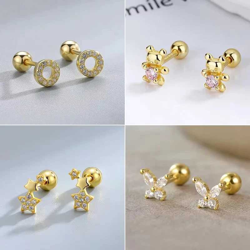 Korean Fashion Pink Zirconic Bear Screw Earrings For Women Girls Cute Animal Cartilage Helix Tragus Ear Piercing Jewelry Gift C251103