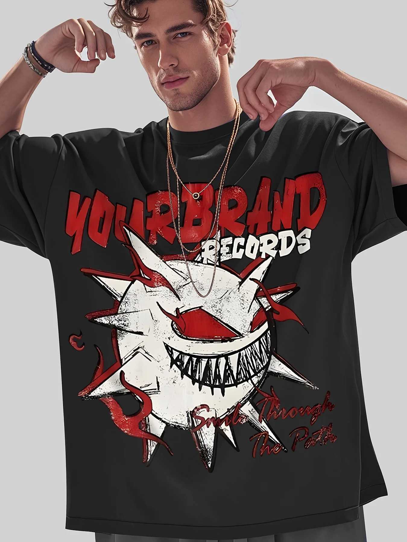 Y2K style YOURBRAND RECORDS mens 100% pure cotton T-shirt breathable soft cartoon monster face design W250402