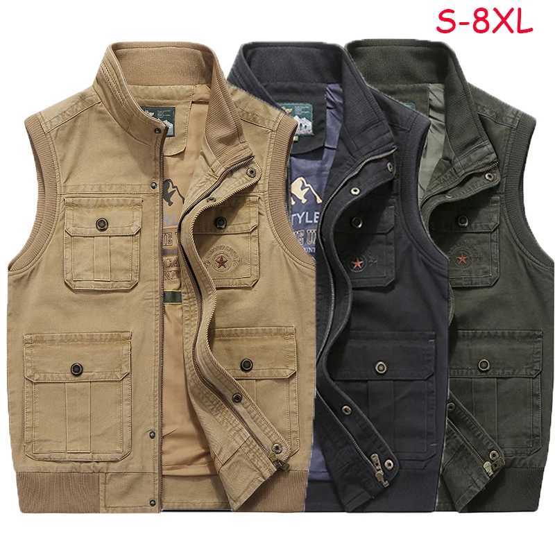2024 Men Spring Many Pocket Sleeveless Stand Collar Vest Men Autumn Solid Color Outdoors Cargo Casual Vest Male Plus Size 8XL X250403
