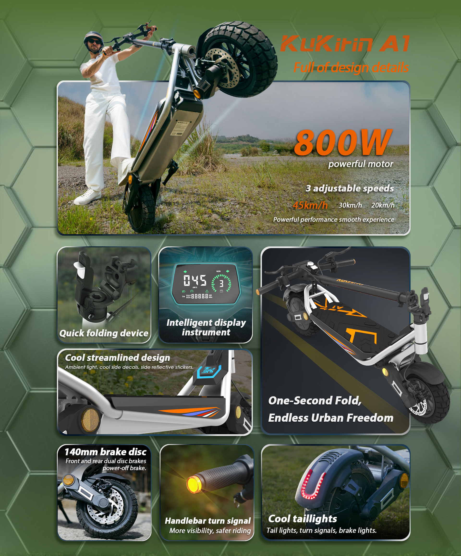 Kukirin A1 Folding Electric Scooter 800W 10 Inch Vacuum Tires 48V 13Ah Battery LED Display Turn Signals Dual Disc Brakes 45KM/H E-Scooter Adults