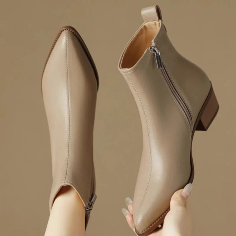 Womens Ankle Boots Minimalist Pointed Toe Mid Heel Booties with Soft Leather Side Zipper Slimming Fashion Boots 251030