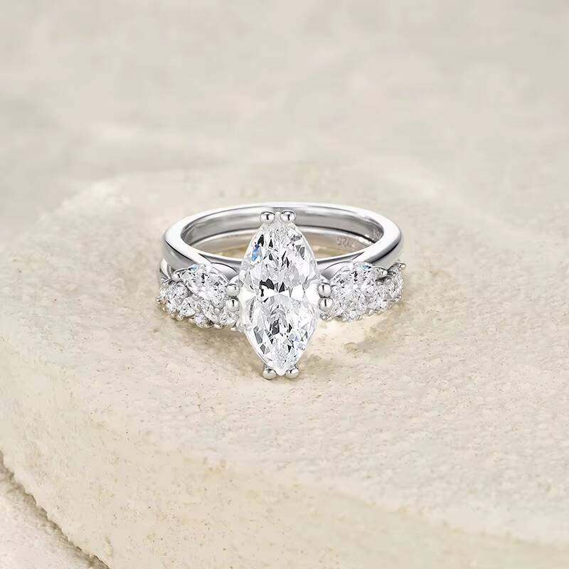 Custom Sterling Silver Marquise Moissanite Gemstone Rings Double Weddings Rings Wholesale Fashion Jewelry Luxury Women Ring