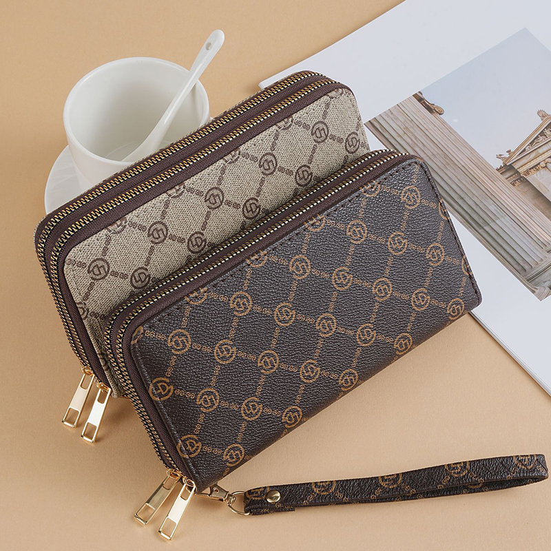 Explosive Double Zipper Retro Vintage Floral Long Wallet for Women, Large Capacity Handbag, Handheld Phone Bag