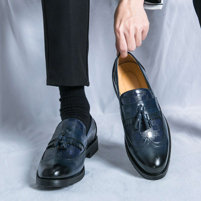 Large size tassel leather for men, 2024 Spring and Autumn new business dress square grid men's shoes, groom's wedding shoes