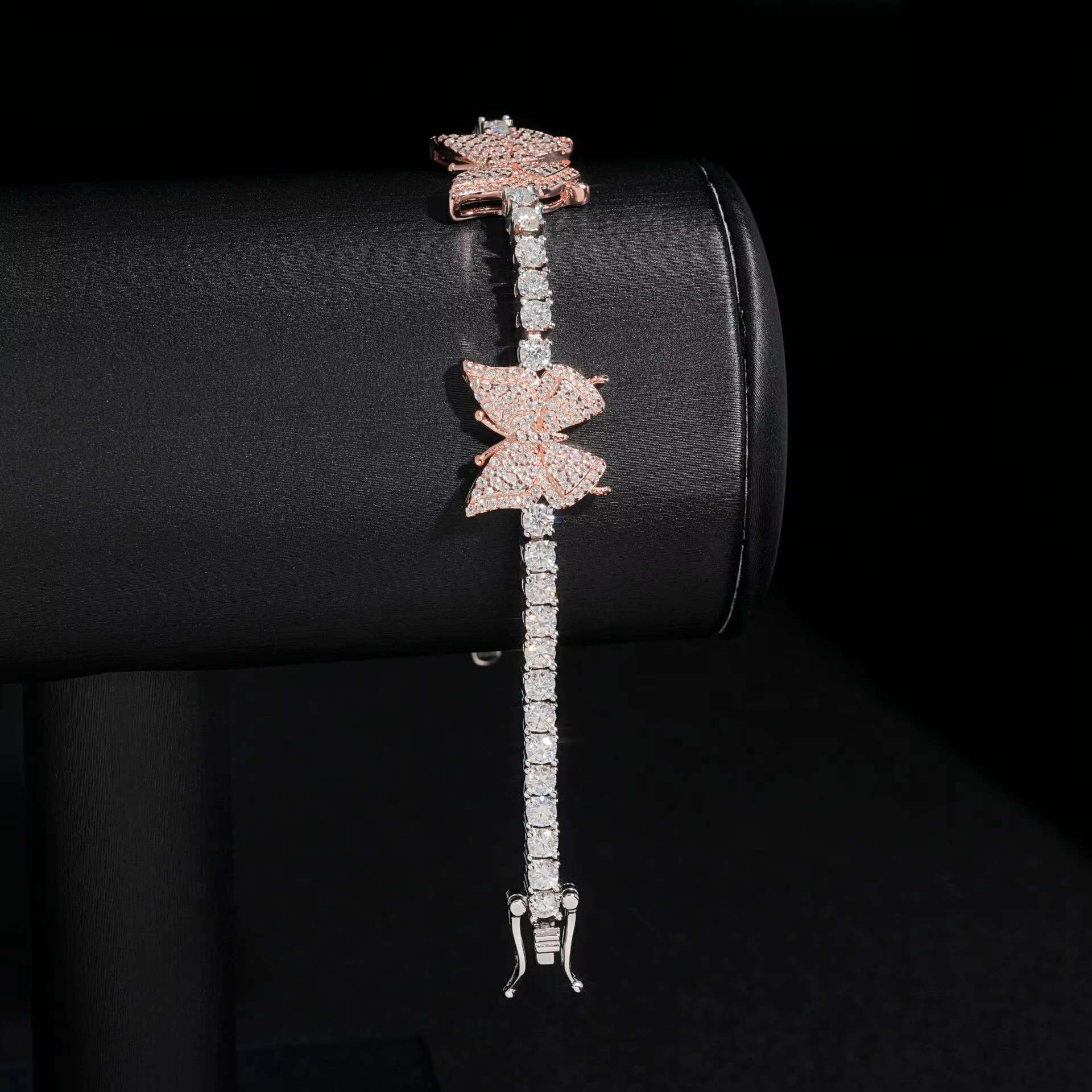 Trendy 925 Sterling Silver Iced VVS 3mm Moissanite Diamond Tennis Chain Bracelet Rose Gold Butterfly Design Fine Jewelry