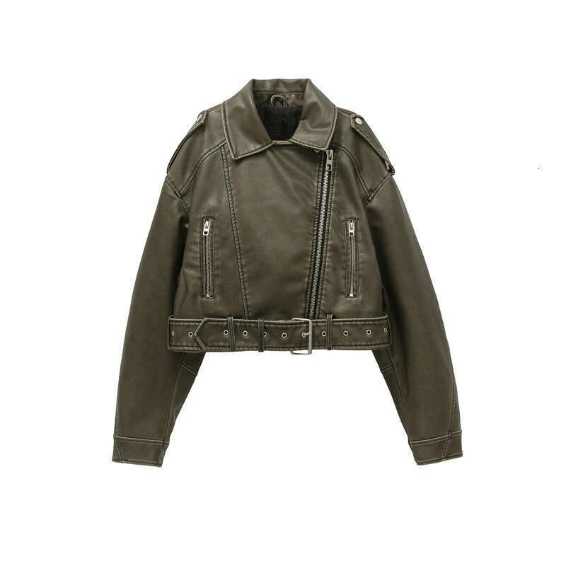 hoodie Women's Wear ZVRI 2024 Women Vintage Loose Pu Faux Leather Short Jacket With Belt Streetwear Female Zipper Retro Moto Biker Coat Outwear T