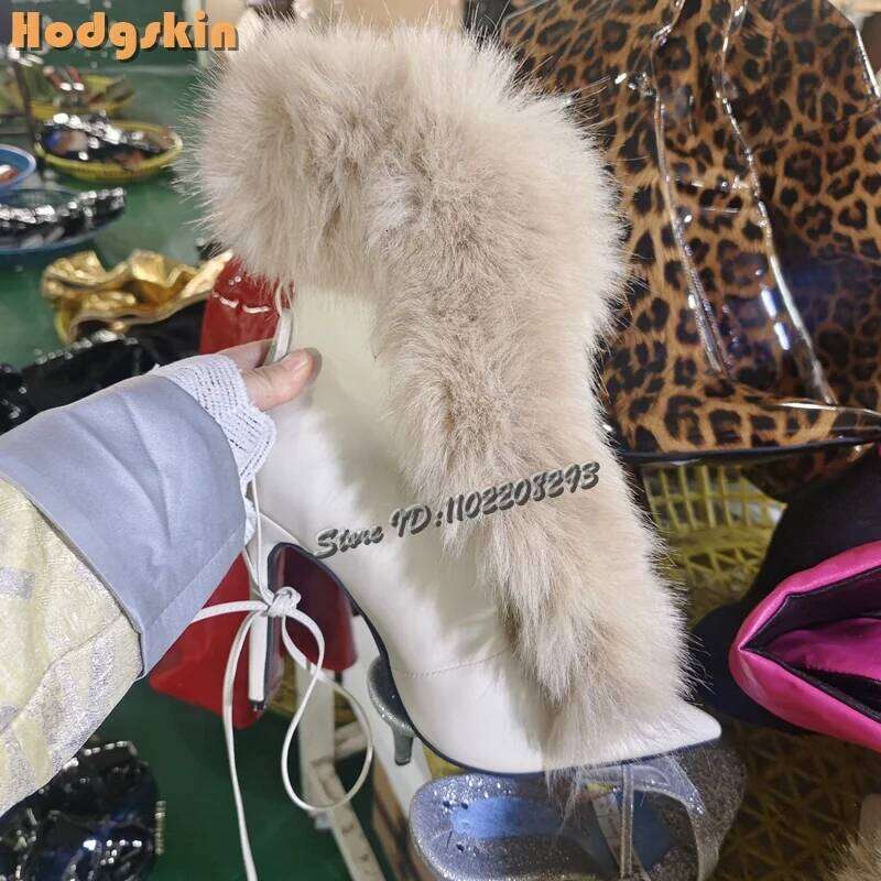 Sexy Faux Fur Strappy Solid Pointed Toe Lace-up Stiletto Knee-high Boots Thin Heels 2025 Autumn New Women Fashion Shoes