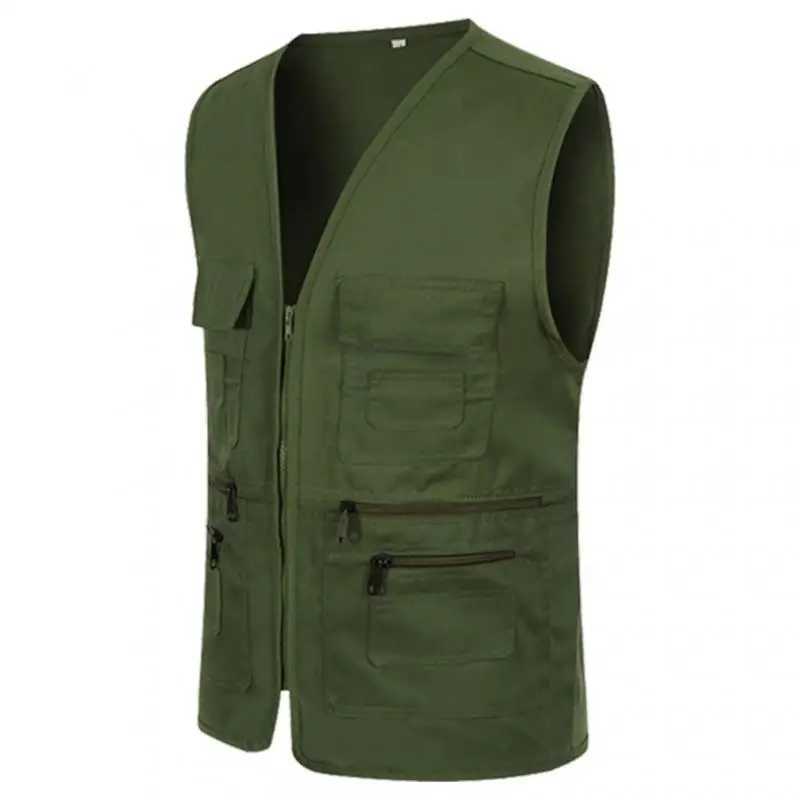 New Vest Men Casual Sleeveless Cargo Jacket Multi Pocket Waistcoat Fashion Outdoor Vest Solid Color Zipper Vests Mens Clothing X250403
