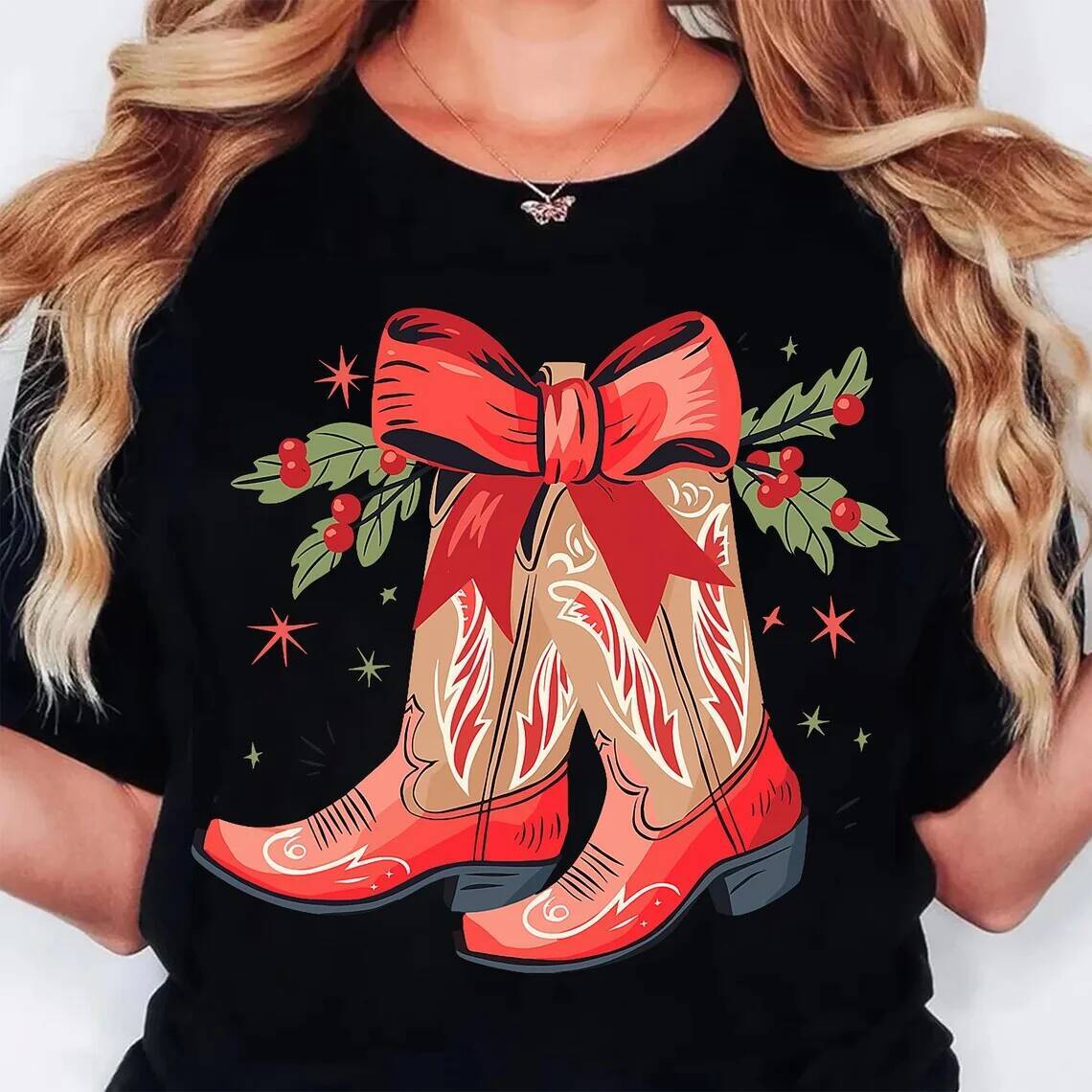 Ddmytues Christmas Boots Shirts Western Cowgirl Holiday Tee Casual Short Sleeve Top Women's Clothing Cartoon Streetwear Y2k Clothes