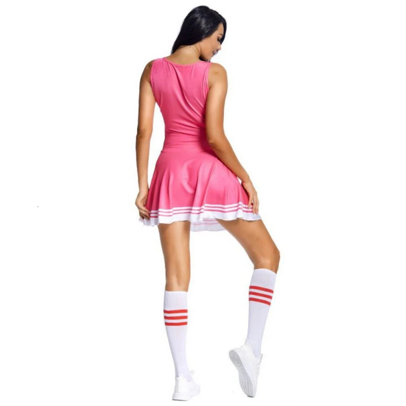 Women Cheerleading Uniform Sleeveless Dance Costume Adults Cheerleader Outfit Round Neckline Letter Print Dress Flower And Socks 250403