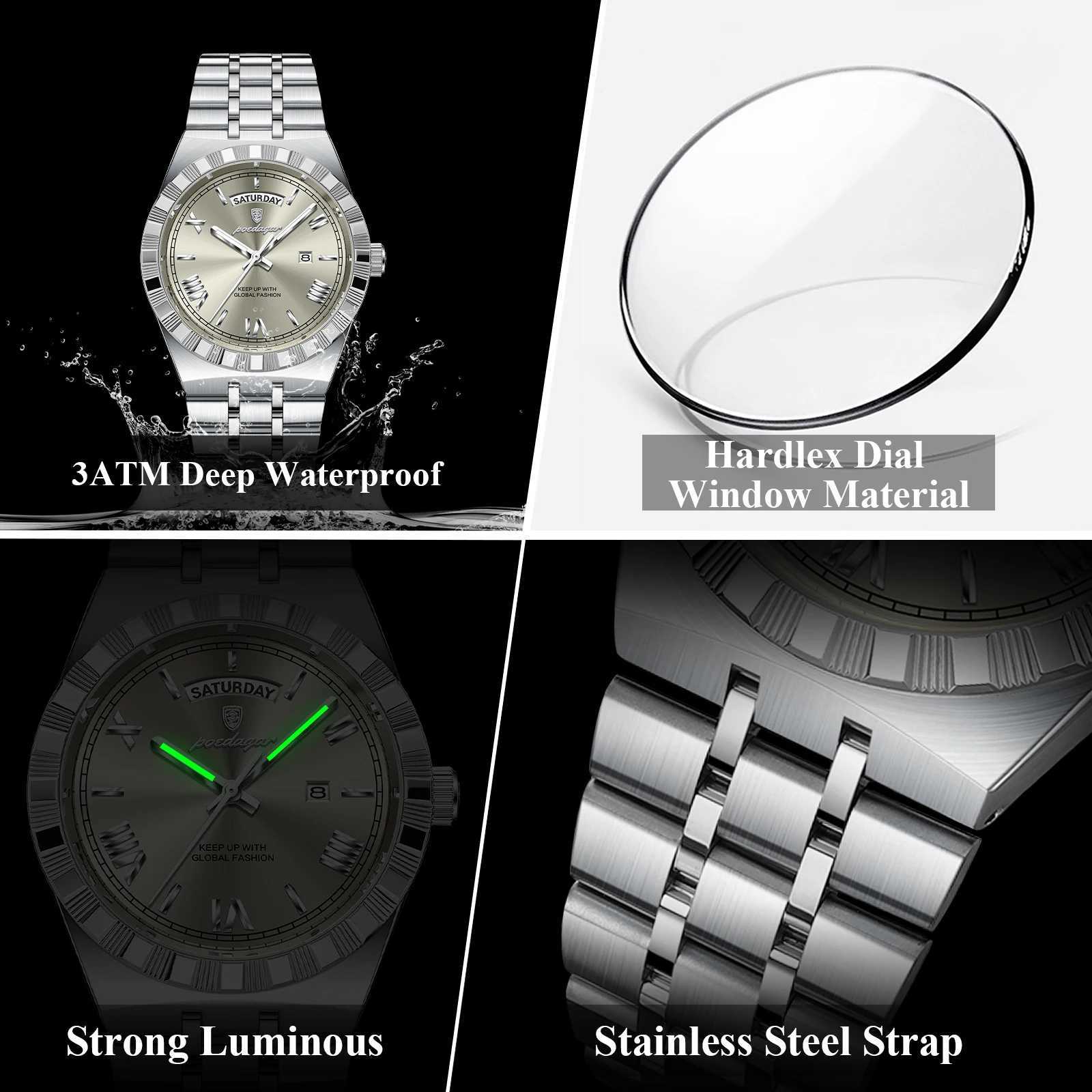 POEDAGAR Luxury Fashion Man Wristwatch Week Date Waterproof Luminous Mens Clock Stainless Steel Quartz Business Watches For MenW251104