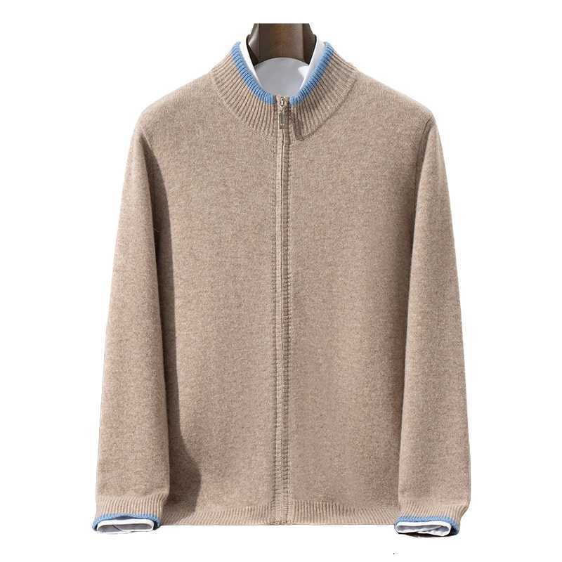 100 Wool Cardigan for Men Half Turtleneck Zipper Color Block Thickened Sweater Business Casual Outerwear Knitted JacketT251103