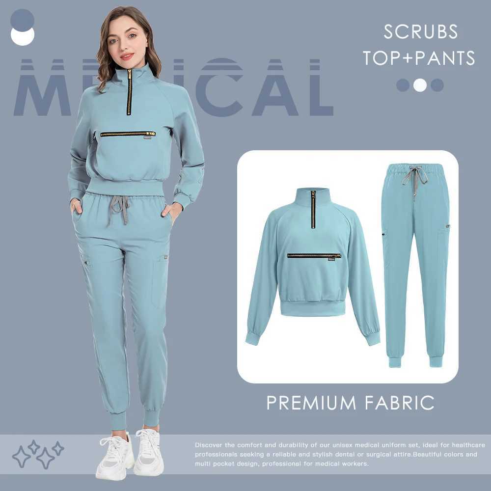 Pink Black Blue Nurse Scrubs Set Medical Surgical Uniforms Pet Hospital Long Sleeve Jogging Pants Set Dental Clinic Lab Workwear J251103