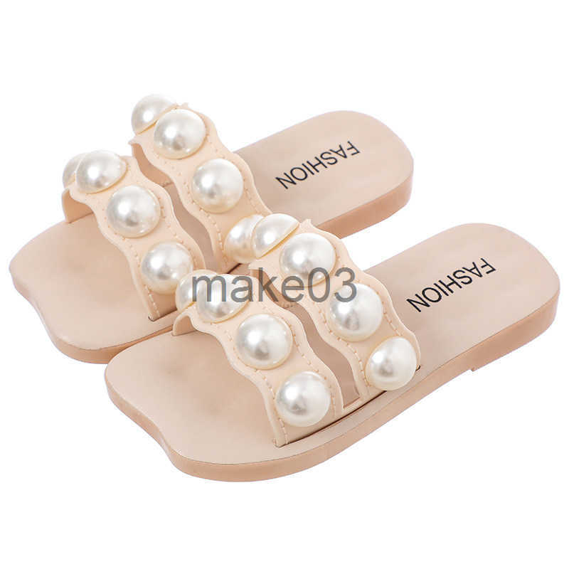 Korean version parent-child slippers girls sandals fashionable and versatile big pearl sweet and soft bottom household and home four season slippers J