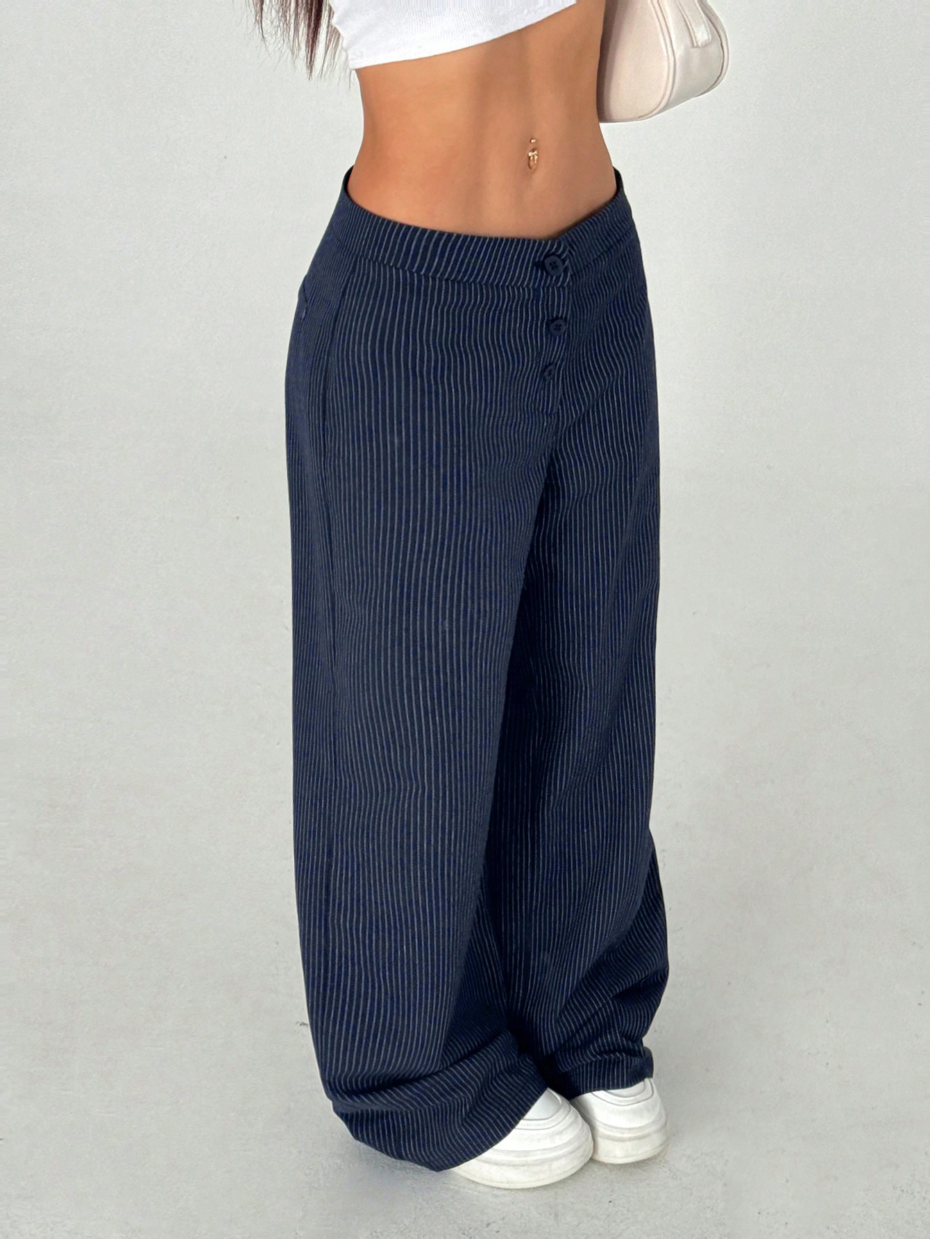 Women's Niche Retro Striped Wide-Leg Pants, American Vintage Minimalist Slim-Fit Trousers in Cotton-Polyester Blend, Office & Daily Wear Pants--1