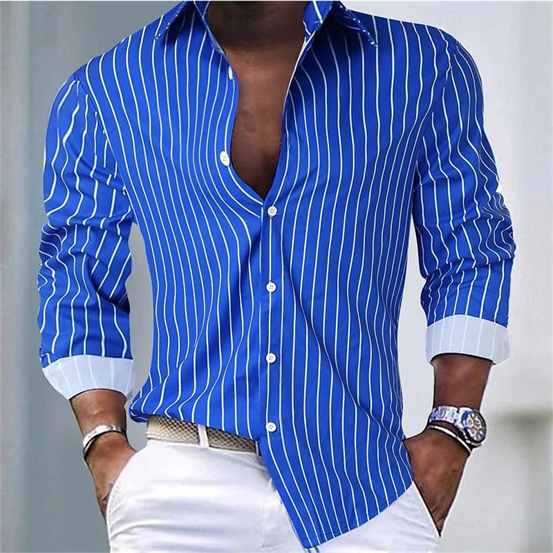 Mens button up shirt summer beach long sleeved striped stand collar Hawaiian holiday printed clothing fashionable classic casual 250403e