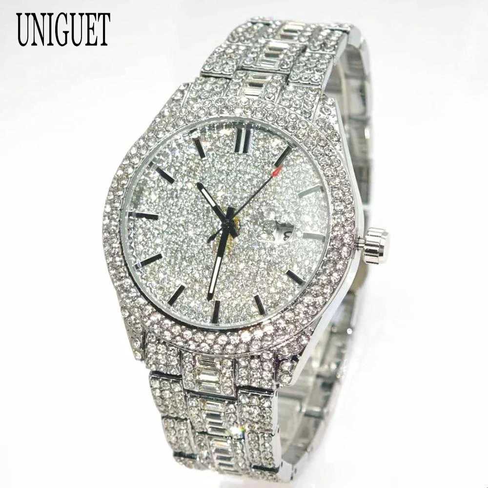Top Fashion Brand UNIGUET Mens Quartz Watch With Calendar Waterproof Wristwatches Luxury Design Hip Hop Diamond Watches Man GiftW251104
