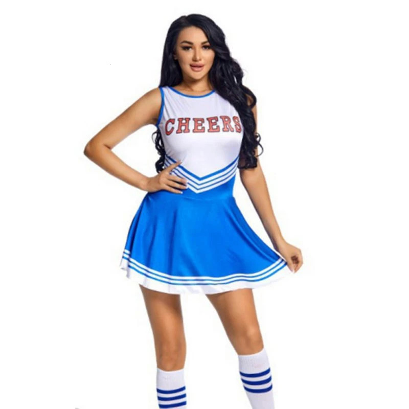 Women Cheerleading Uniform Sleeveless Dance Costume Adults Cheerleader Outfit Round Neckline Letter Print Dress Flower And Socks 250403