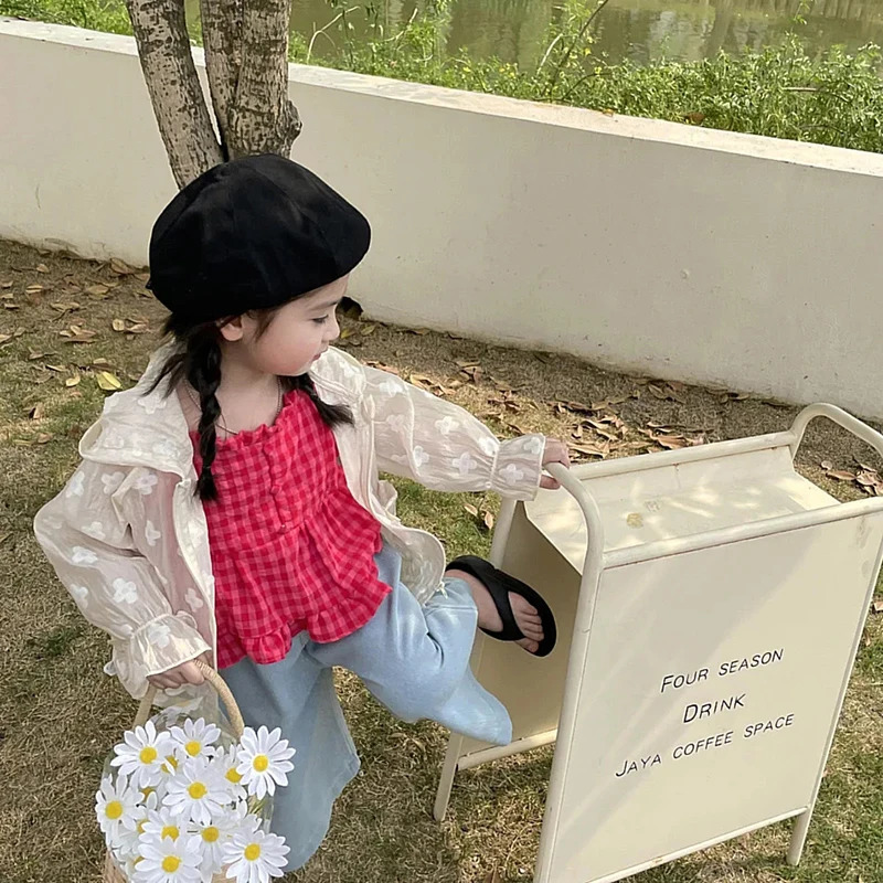 Summer Fashion Lightweight Kids Sun Suit Tops Floral Embracery Cute Girl Coats Drawstring Hooded Zip Baby Jackets 18 years 250325z