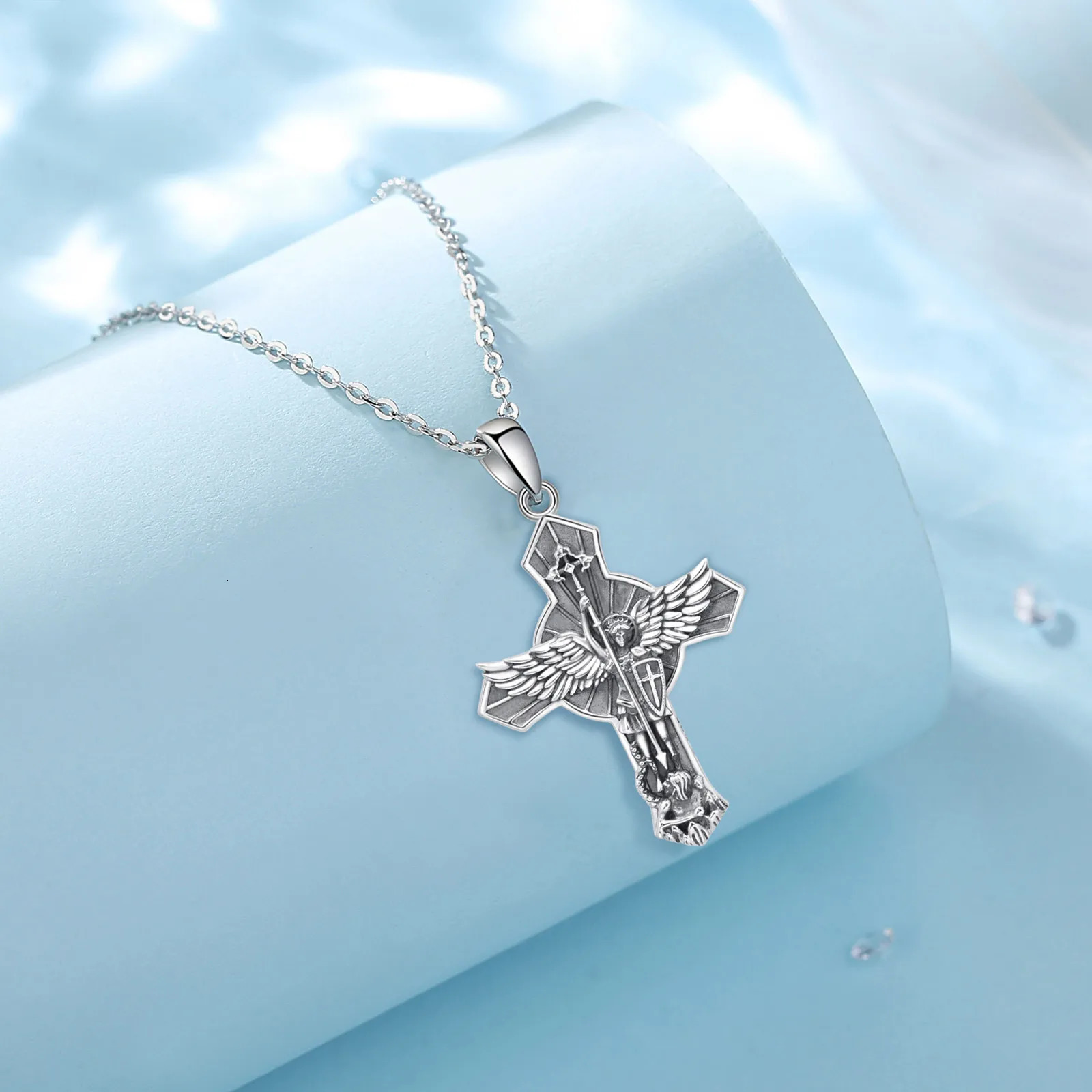Eudora 925 Sterling Silver St. Michael Archangel Necklace Cross Vintage Wing Pendant Religious Jewelry Gift to Men Women 250402