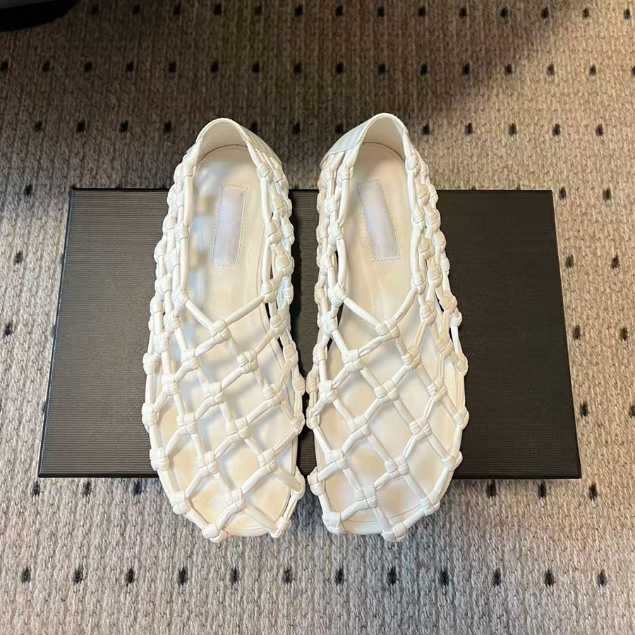 Breathable new fashion minimalism Summer Red Handmade Rope Woven Hollow out loafers Flat sandal slip on slide designer shoe for womens holiday shoes