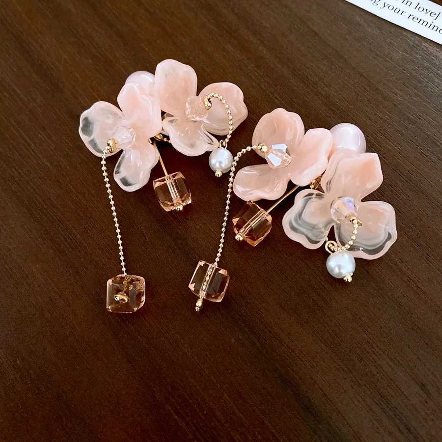 2025 New Arrival Sweet Pink Flower Tassel Pearl Dangle Earrings For Women Fashion Elegant Crystal Geometry Jewelry Gifts Y250401