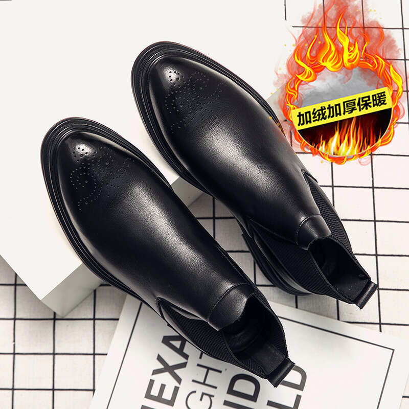 Large size cotton Block carved 2023 winter new British high top workwear leather shoes for men