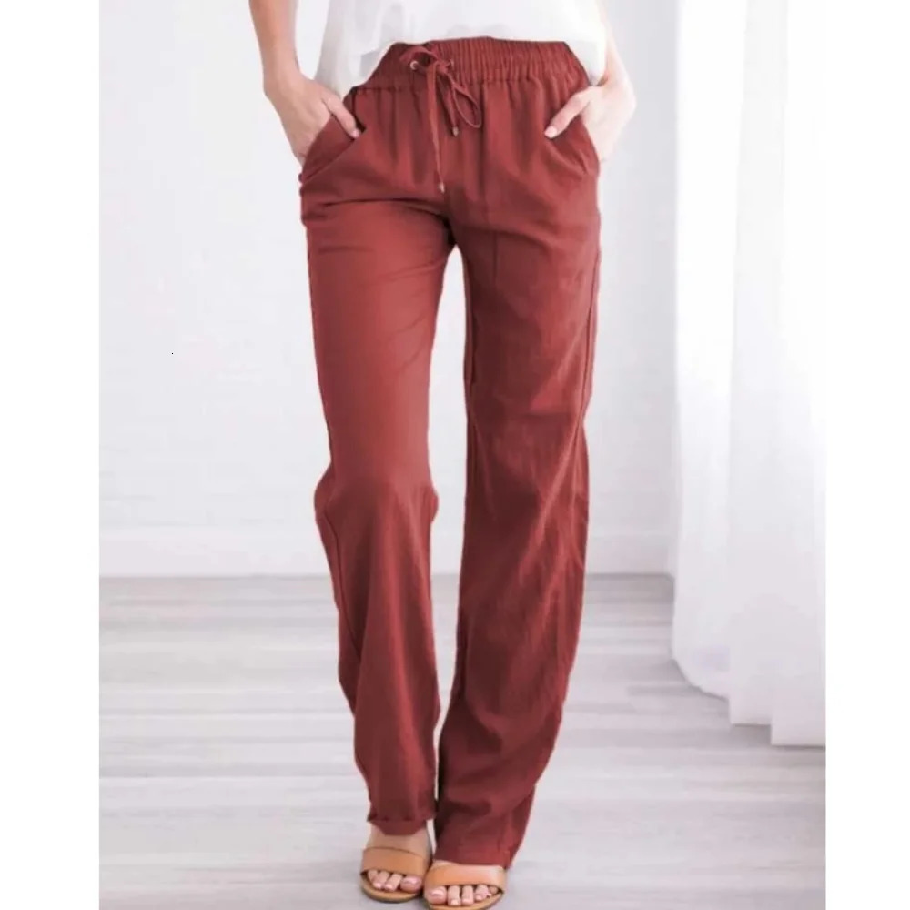 Solid Color Spring/Summer Womens Cotton Linen Drawstring Loose Wide Leg Pocket Pants Selling Pants 250402