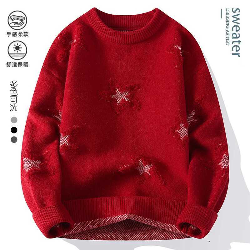 Solid Color Perforated Star Pattern Knitted Sweater Autumn Winter Korean Mens Clothing 2025 Thick Warm Mens TopsT251103