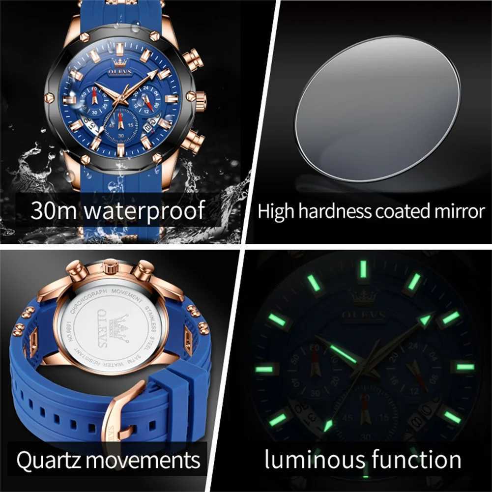 OLEVS 9991 Top Trendy Mens Watch Waterproof Silicone Strap Luxury Multifunctional Chronograph Brand Sports Quartz Mens WatchW251104